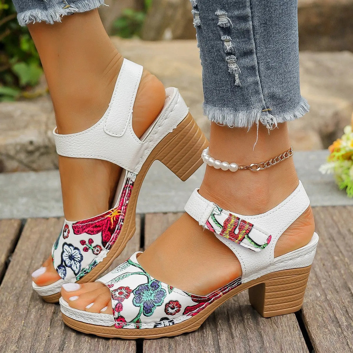 White women's high heel sandals with velcro ankle strap and rubber sole