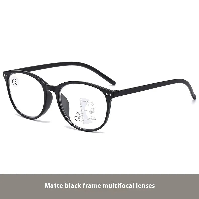 Woman wearing ultra-lightweight multi-focus presbyopic glasses with a black frame.
