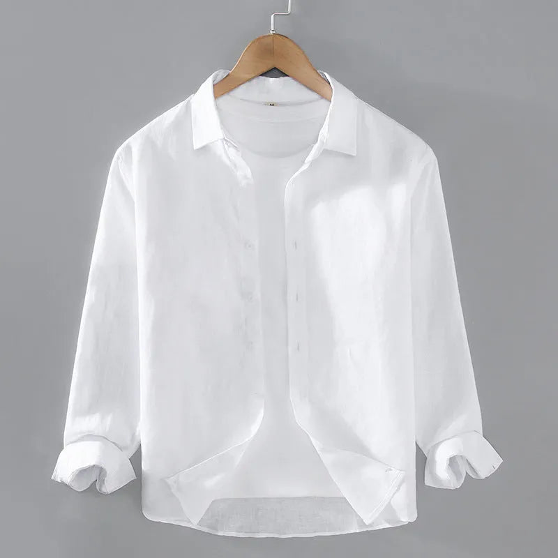 Men's pure linen long sleeve shirt in cardigan style, shown in a solid colour.