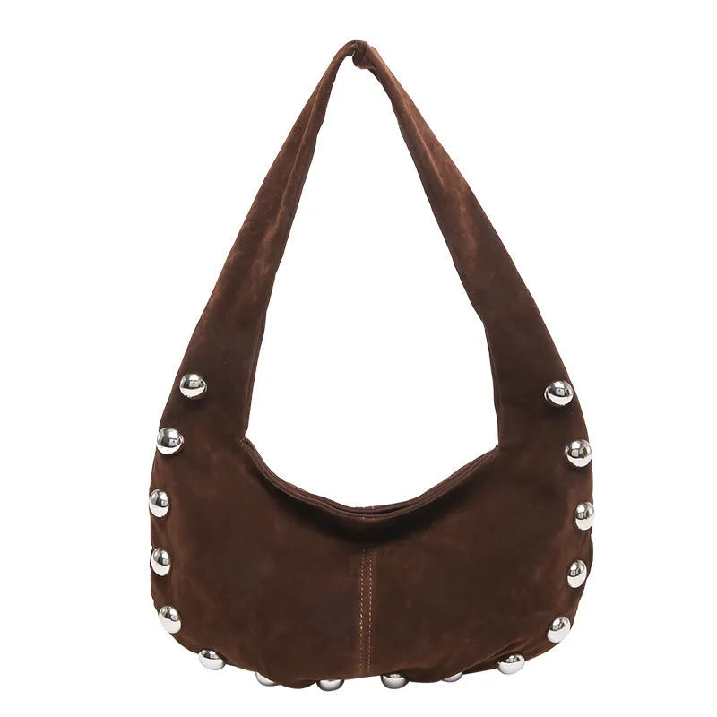 European and American style suede rivet underarm handbag in coffee colour with stitching and contrast detail