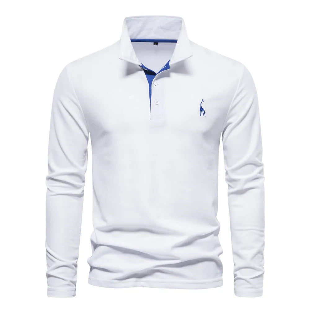 Men's casual polo long sleeve top with deer embroidery, cotton blend, available in multiple colours