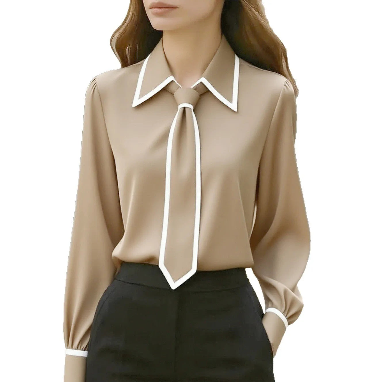 Women's solid colour satin polyester tie front long sleeve pullover shirt in khaki, front view