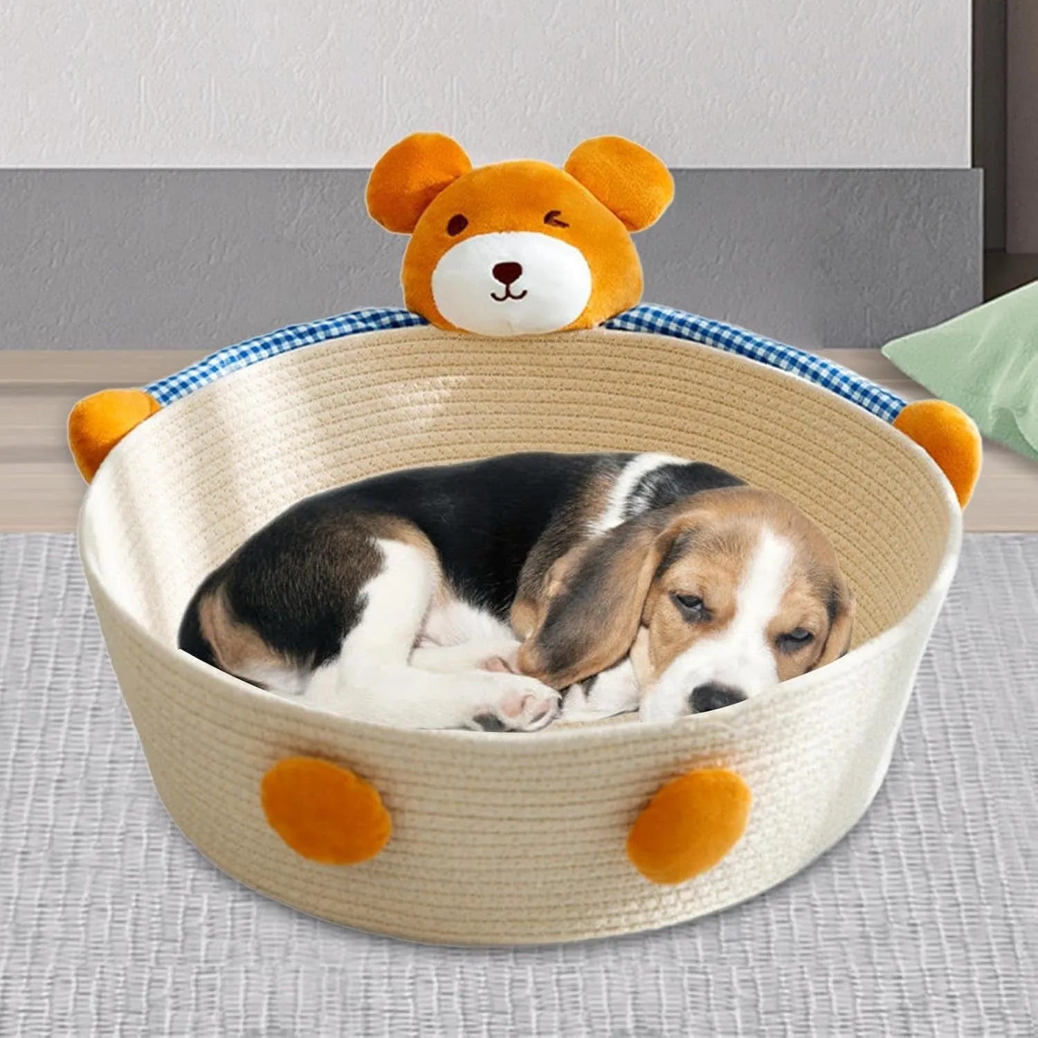 Woven cotton rope cat bed basket with integrated scratching pad for indoor cats, shown in Bear and Rabbit styles.