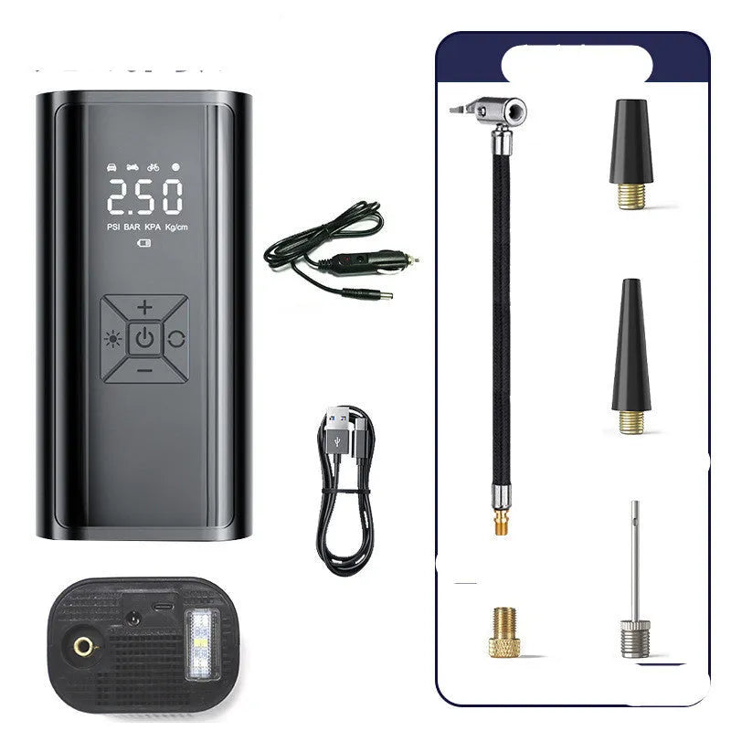 Portable wireless digital display car tyre pump with ABS casing, digital screen, and inflatable hose.