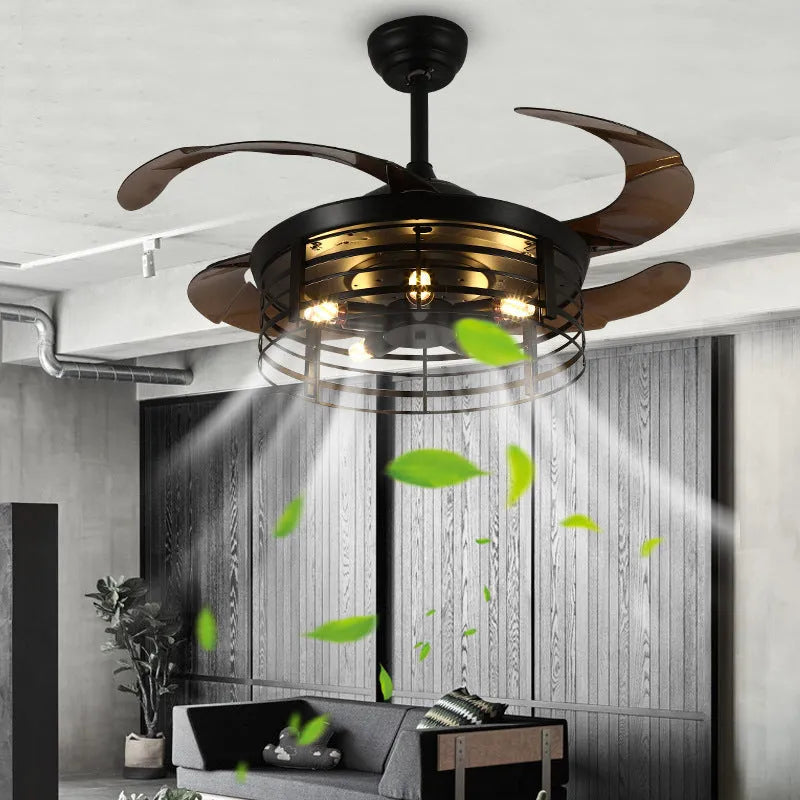 Industrial retro ceiling fan lamp with integrated light and acrylic blades, remote control included.