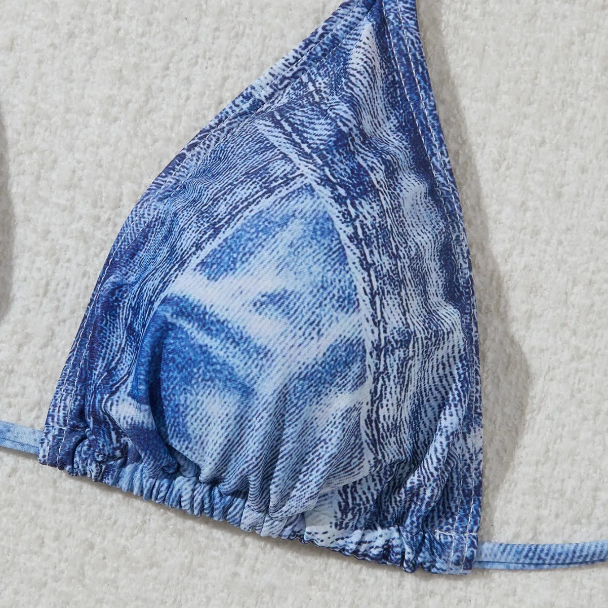 Women's denim blue printed halter neck bikini set with adjustable side-tie briefs