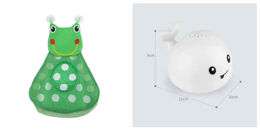 Blue and white whale bath toy with water spray and flashing lights for baby sensory play
