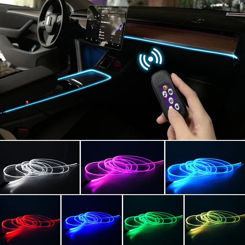 USB car LED atmosphere lamp with colourful colour-changing light strips for centre console and dashboard installation