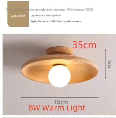 Japanese-style solid wood ceiling lamp in walnut finish with circular shade, 28cm diameter, mounted on ceiling