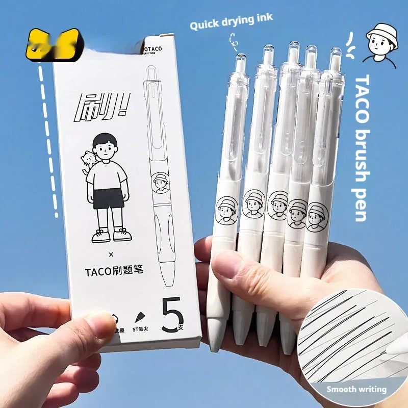Five white plastic ballpoint pens with black trim and 0.5mm tips for student writing