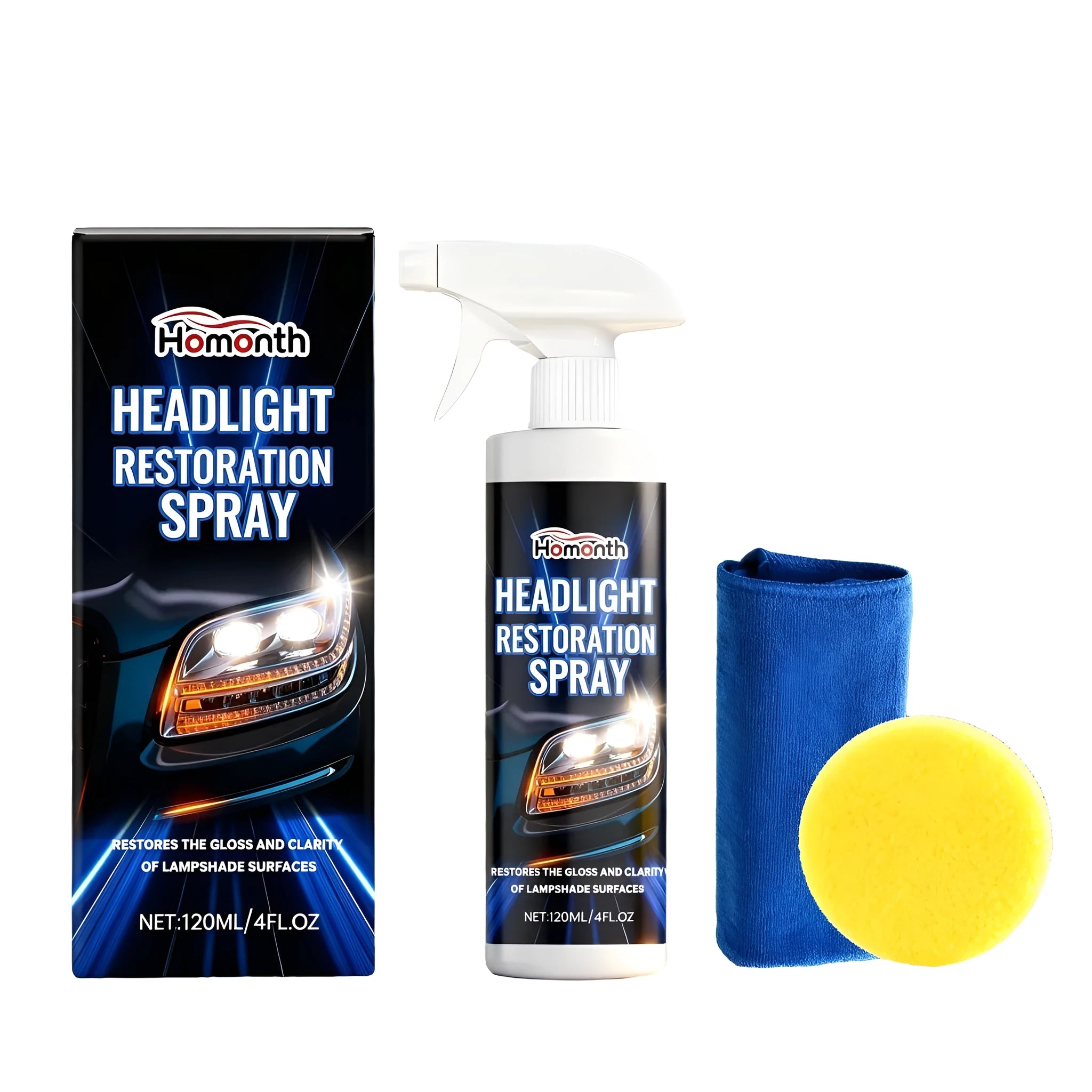 HOMONTH 120ml headlight restoration spray bottle with sponge and microfiber towel