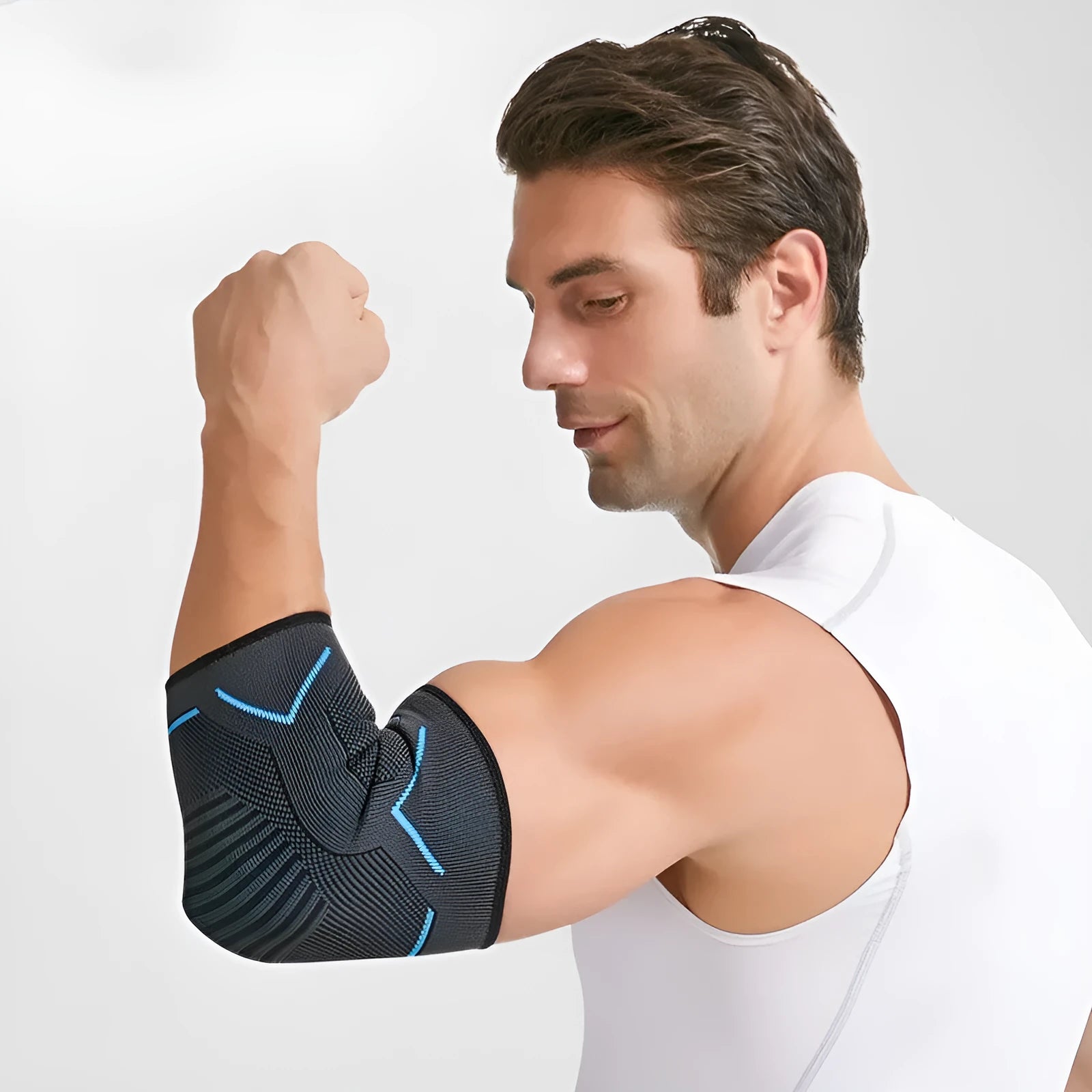 Fitness running cycling elbow pads protective gear with black stripes on gray background