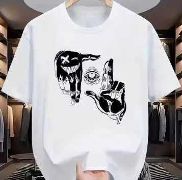 Men's cartoon print t-shirt in bird eye cloth showing round neck and short sleeve design