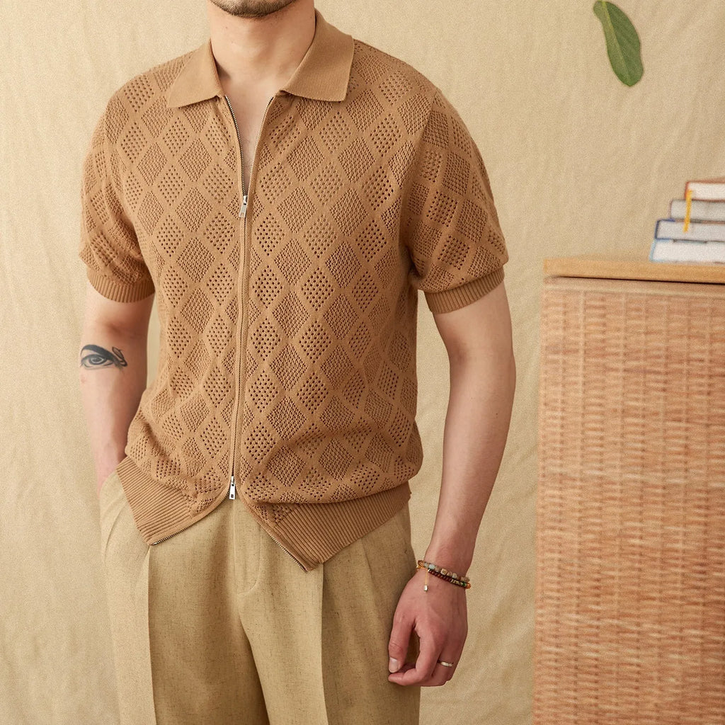 Light coffee coloured cotton cardigan with zip front closure and lapel collar showing short sleeve design