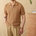 Light coffee coloured cotton cardigan with zip front closure and lapel collar showing short sleeve design