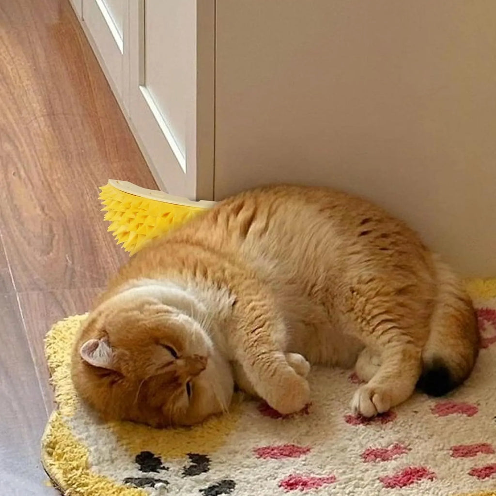 Yellow durian-shaped cat corner scratcher mounted on a wall with cat mint powder