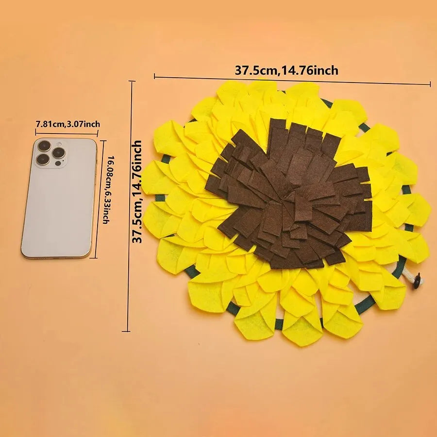 Yellow sunflower-shaped dog snuffle mat with fabric folds for hiding treats.