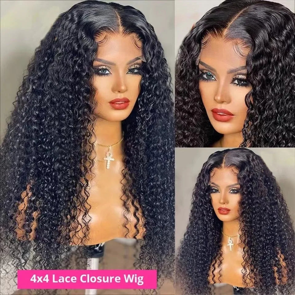 Long curly lace wig headgear in natural soft look with side bangs, black colour, 12-32 inches length options