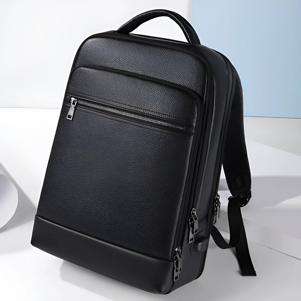 Black genuine leather men's business backpack with curved straps and sewing line detailing