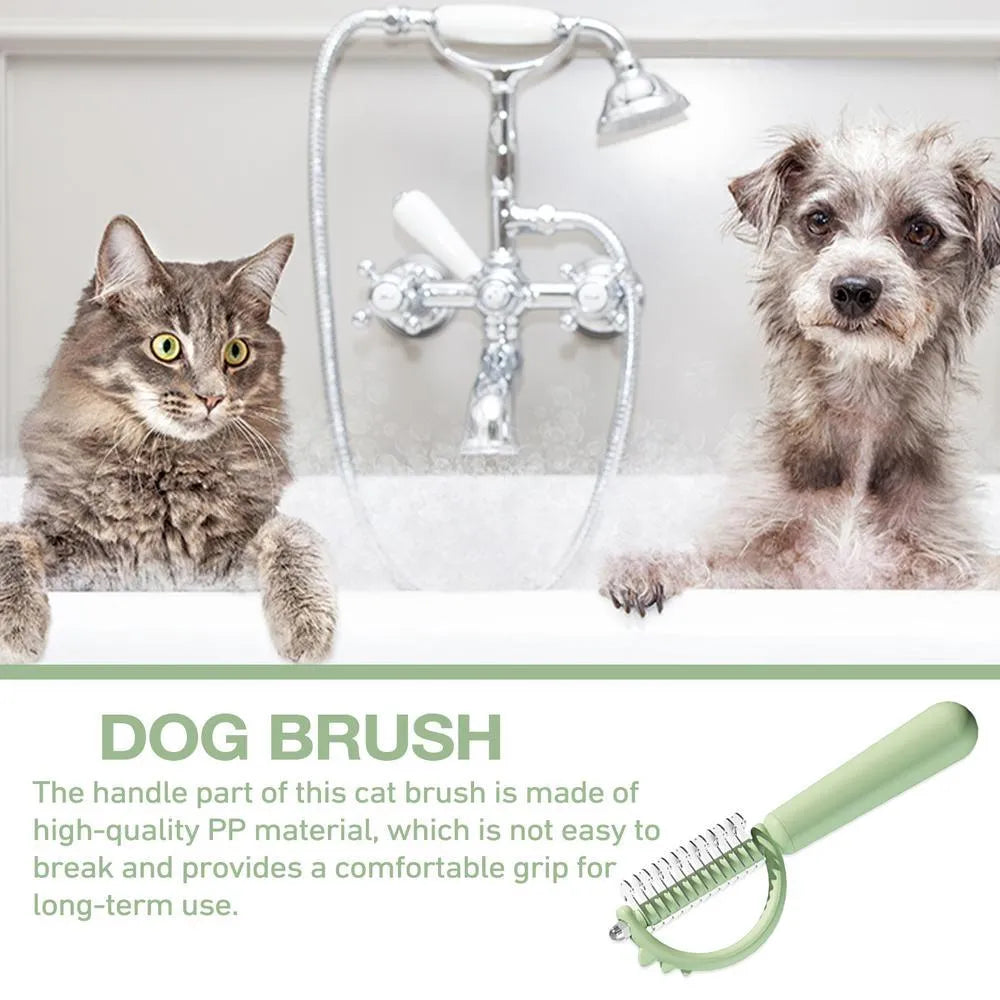 Blue dinosaur-shaped cat brush with double-sided head and self-cleaning button
