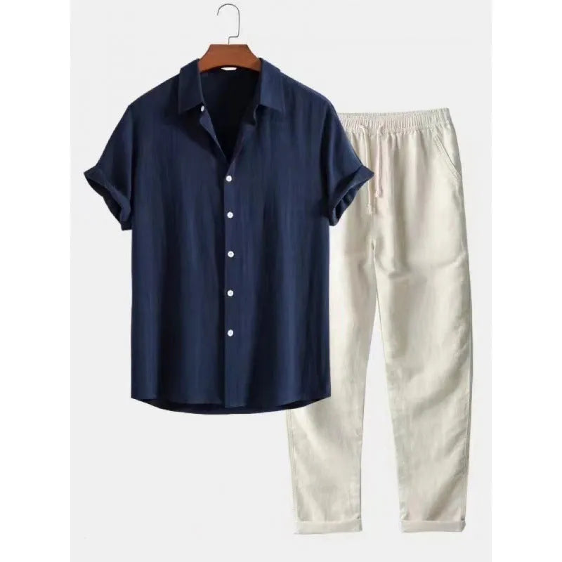 Men's casual linen-blend suit with short sleeve shirt and loose trousers in multiple colour options