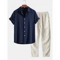 Men's casual linen-blend suit with short sleeve shirt and loose trousers in multiple colour options