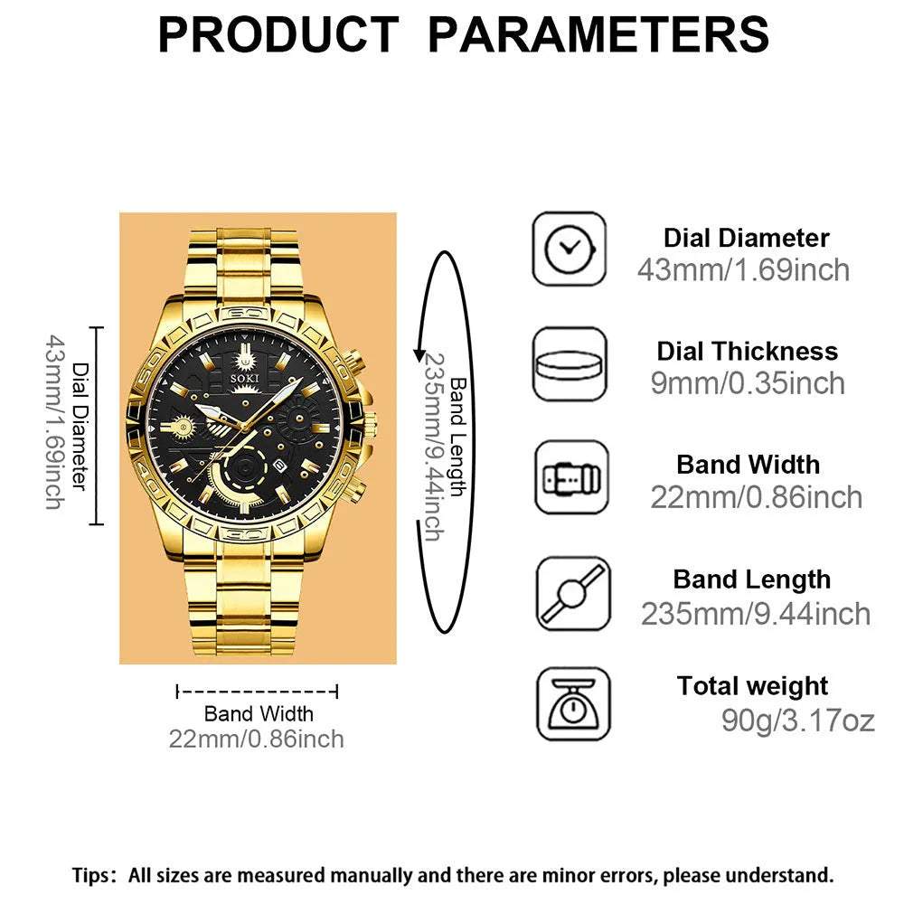 Men's gold business watch with stainless steel strap and calendar display