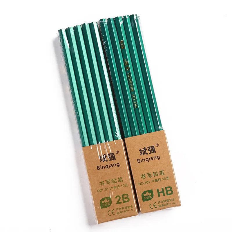 Green hexagonal wooden pencils, 2B and HB grades, box of 10.