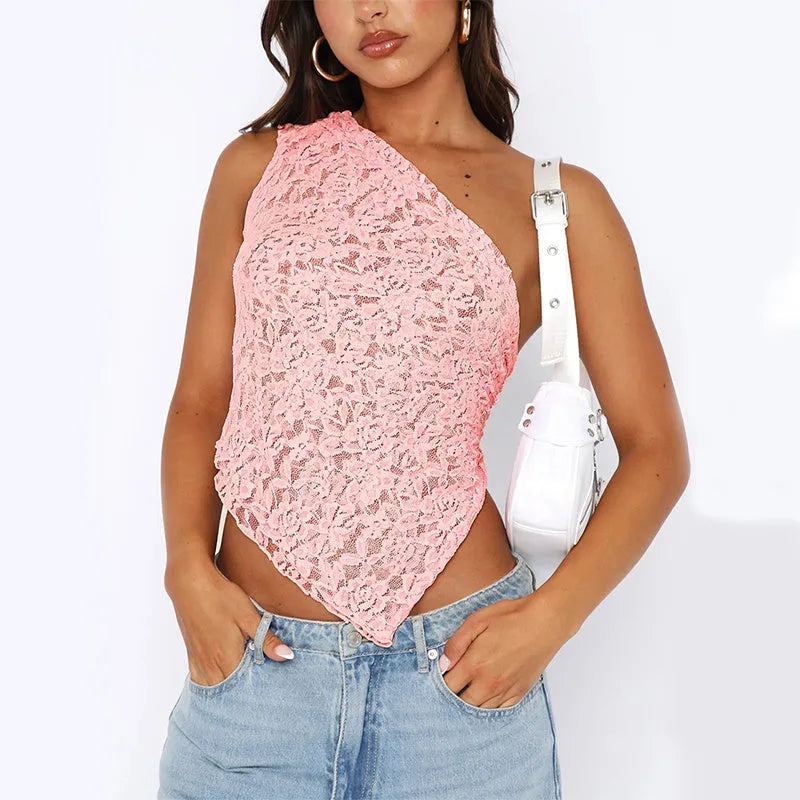 Women's lace backless sleeveless top with asymmetrical neckline in solid colour options