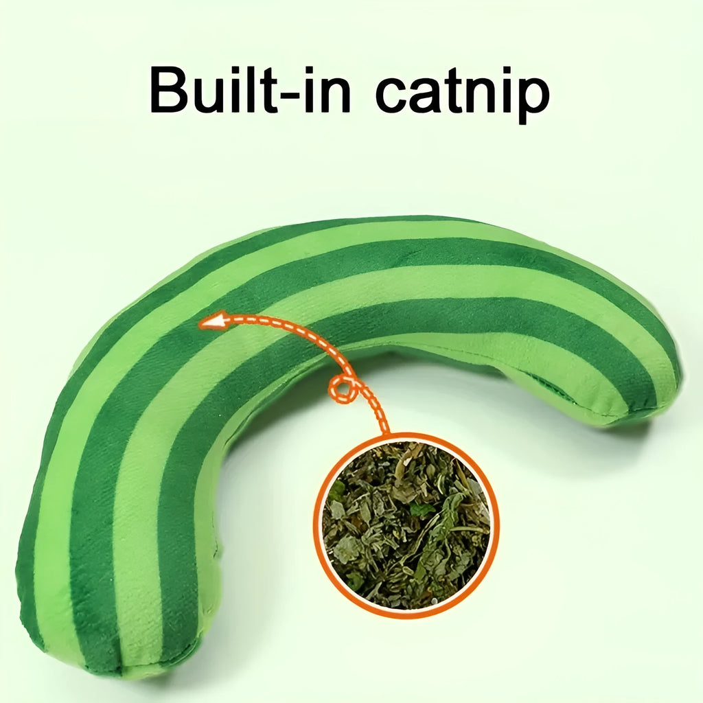 Striped pattern cat pillow toy measuring 23x20cm with built-in catnip and noise component.