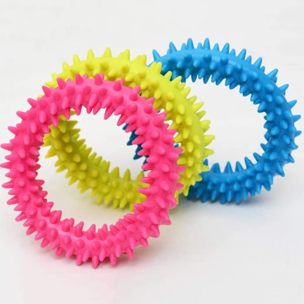 Blue spiky TPR circle ring dog chew toy for dental cleaning and bite training