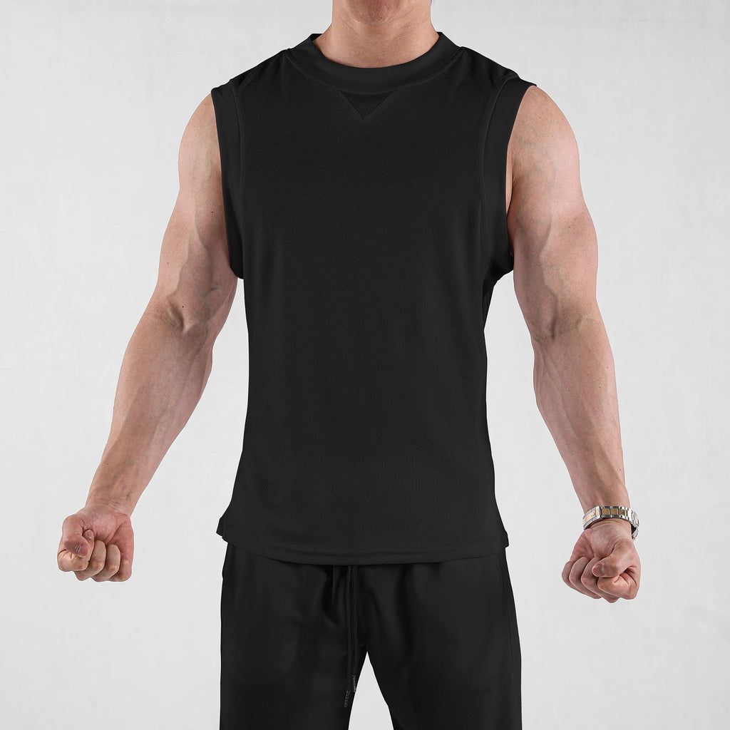 Men's loose fit polyester sports vest in white and black colours for summer fitness