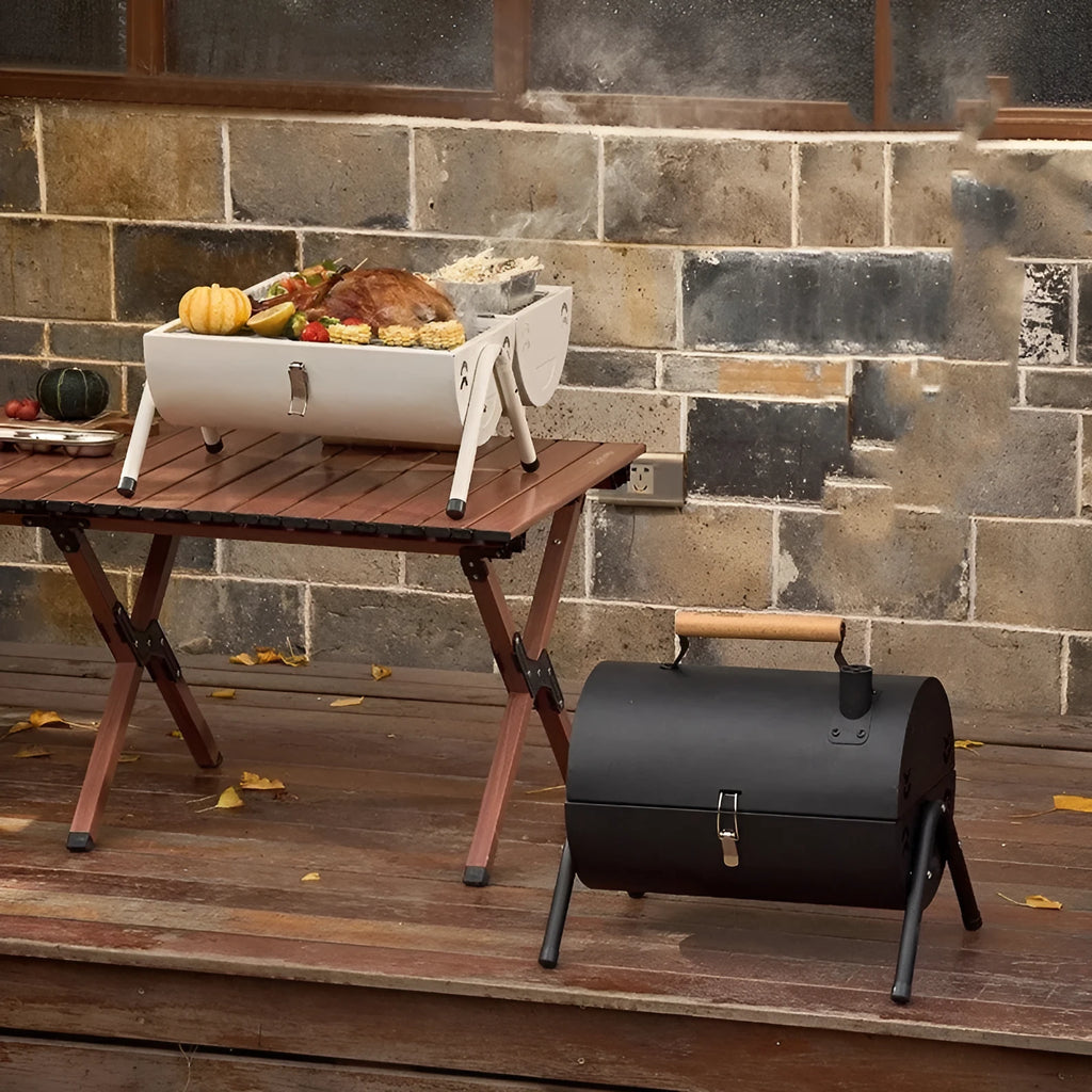 White round portable grill with foldable design for frying and baking functions