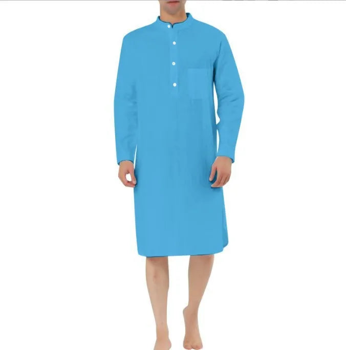 Men's cotton shirt robe shown in multiple colour options including Lake Blue, Light Khaki, White, and Black.