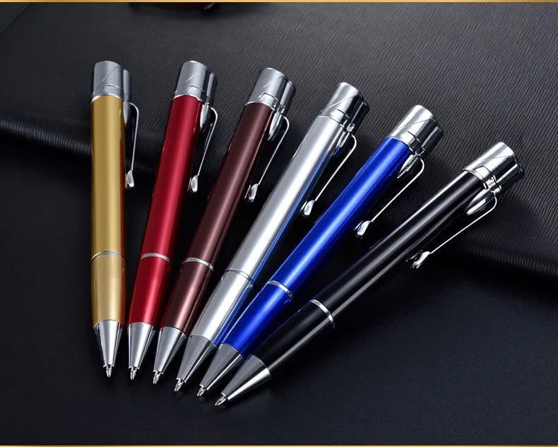 Metal windproof pen lighter showing jet flame, available in black blue red rose red silver yellow colours