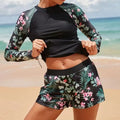 Women's long sleeve digital print conservative separate bikini swimwear in dark blue flowers on polyester fabric