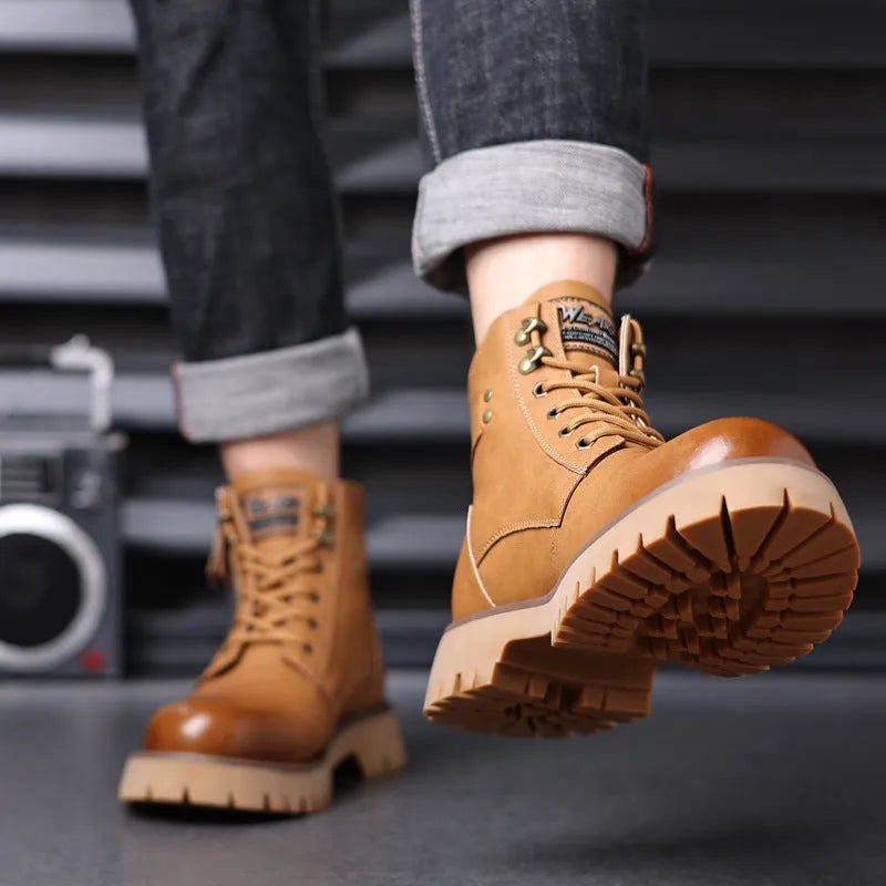 Men's brown leather high-top boots with velvet trim and side zipper closure
