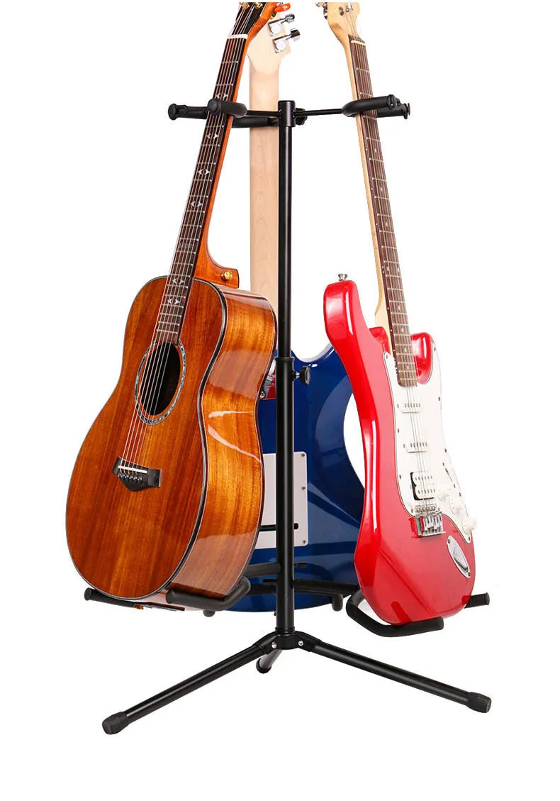 Vertical black iron double-headed adjustable guitar stand holding two guitars