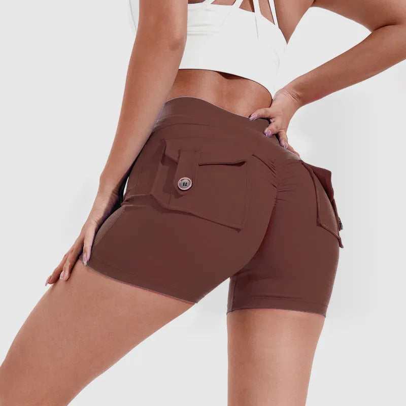 Women's high waist hip lifting shorts with side pockets in quick-dry nylon fabric