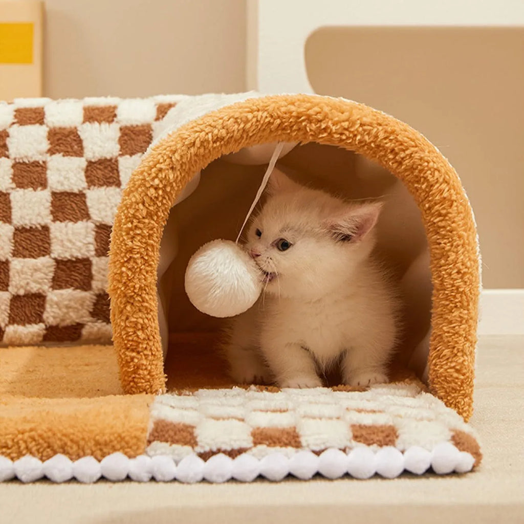 Fan-shaped plaid pet bed tunnel for dogs and cats showing sleeping mat and fabric tunnel