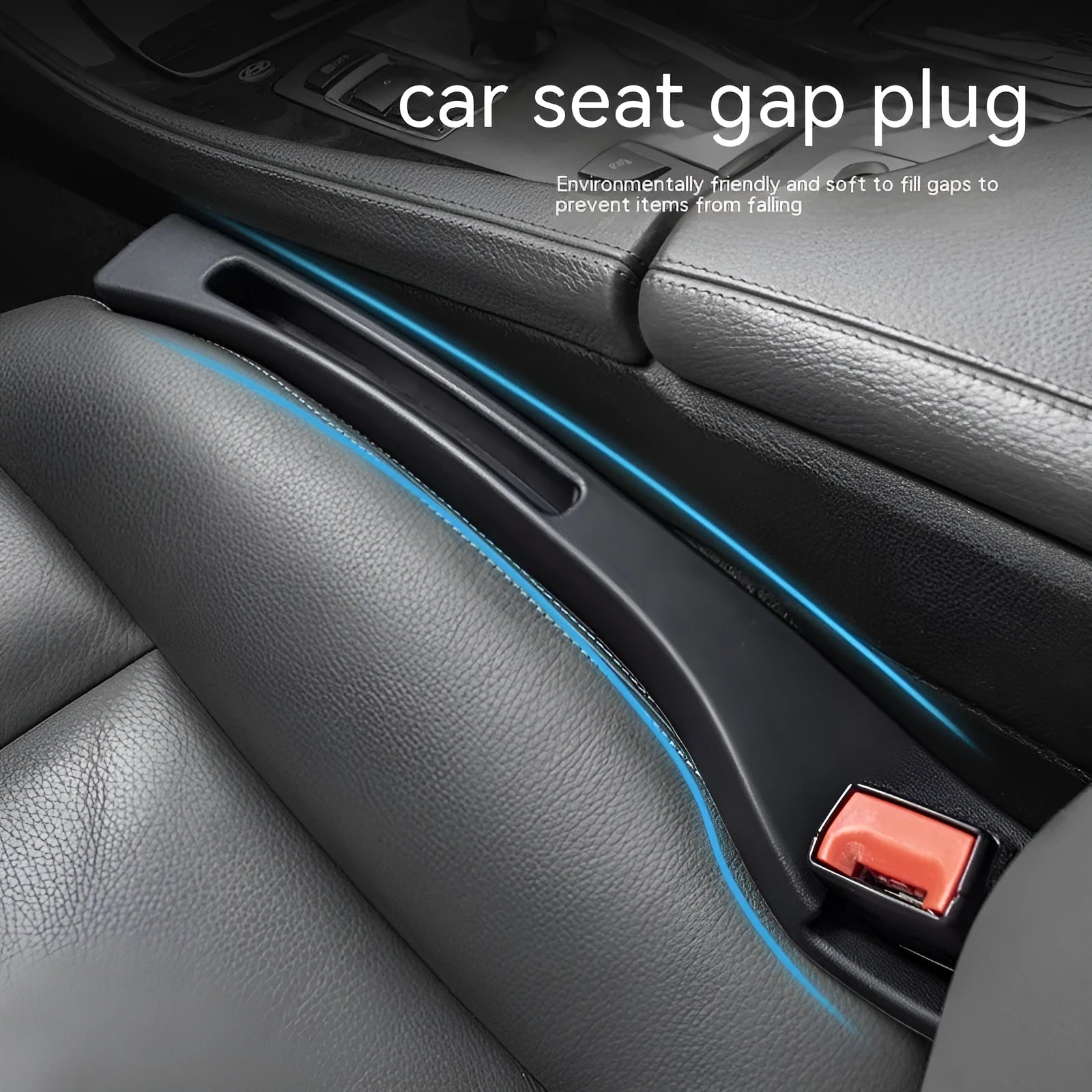 Black plastic car seat gap storage organiser box with handle inserted between car seat and centre console.