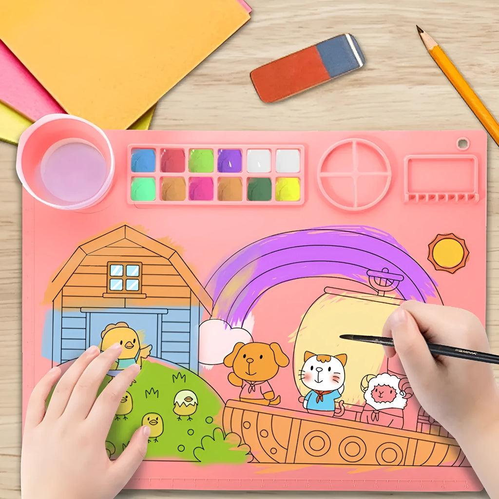 Light blue silicone painting mat with two built-in mixing bowls for graffiti and watercolour art.
