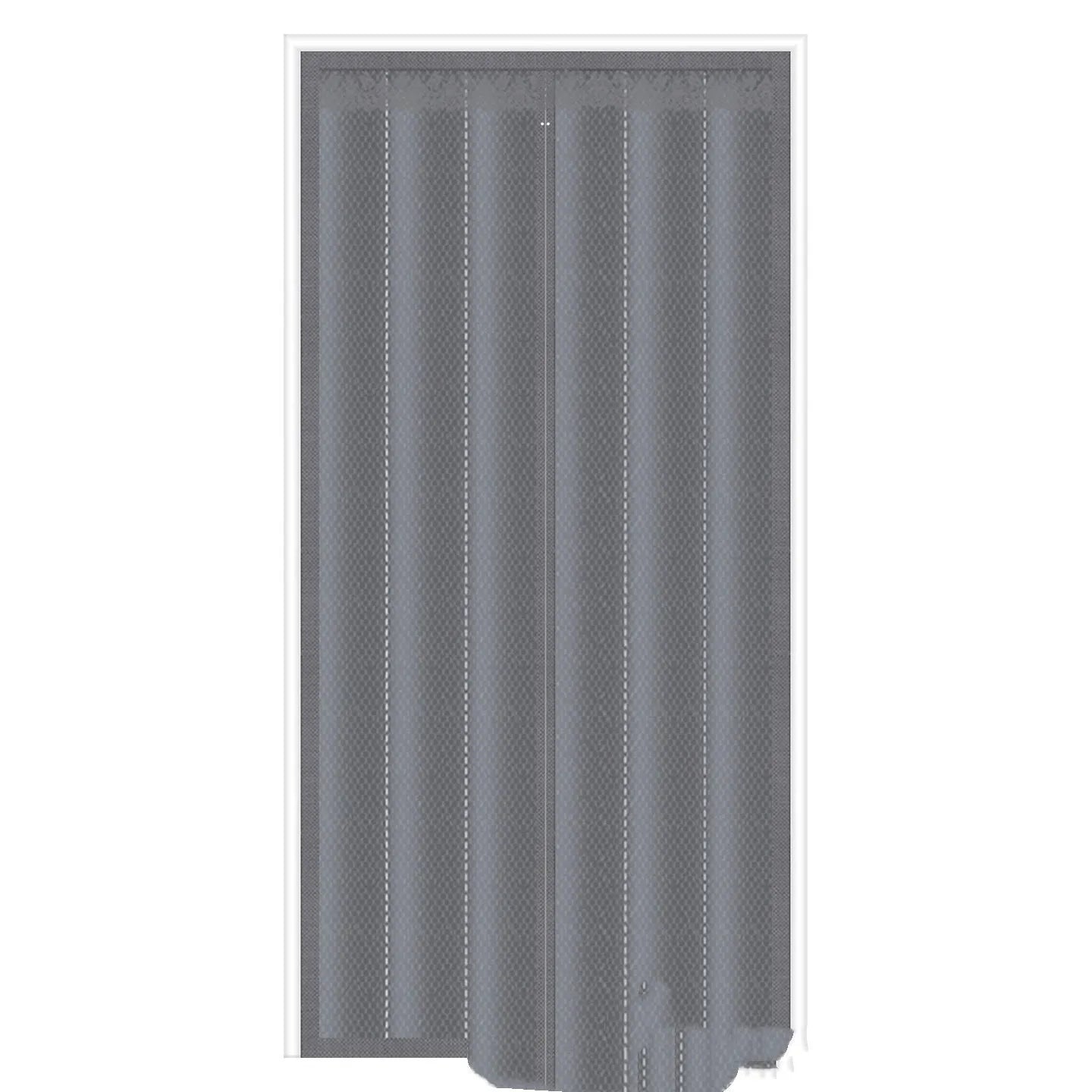Full seam long magnetic strip cotton door curtain in grey diamond lattice pattern hanging in a doorway.