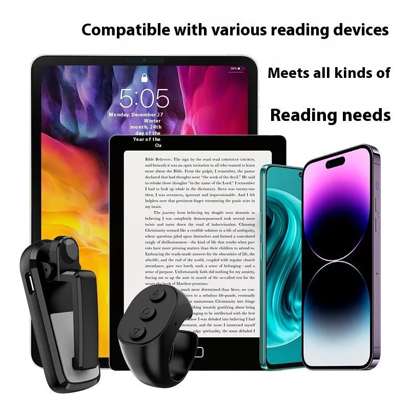 Wireless page turner remote control with clicker for hands-free reading on tablets and e-readers.