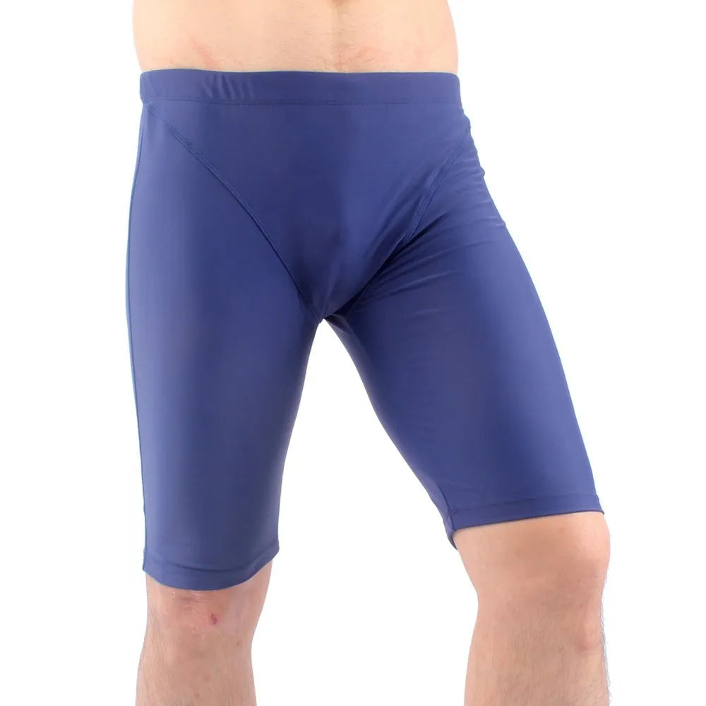 Men's quick-drying five-point swimming trunks in navy blue nylon fabric, loose fit for swimming or wading