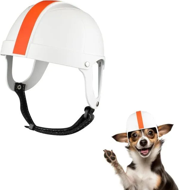 Pet motorcycle safety helmet in white orange and black & yellow colours, showing ABS shell and cotton lining.