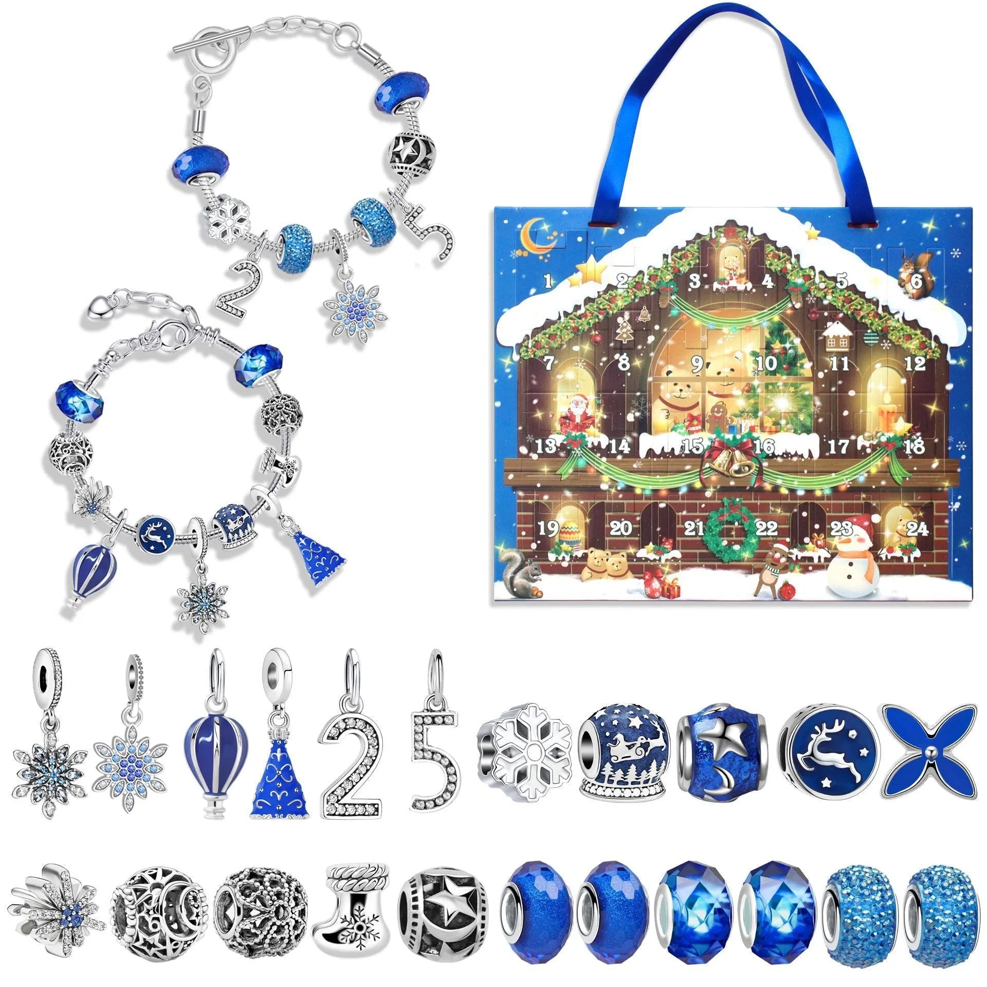 24 grid Christmas advent calendar countdown set with zinc alloy frame electroplated finish and bracelet blind box in flip vertical blue