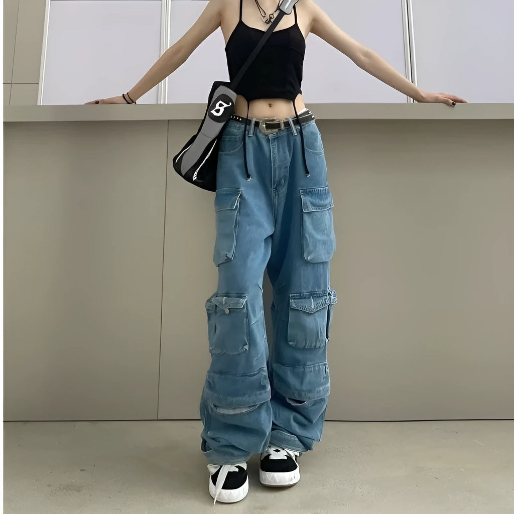 Women's high waist wide leg jeans in tie-dyed colours with multiple pockets and street hipster styling