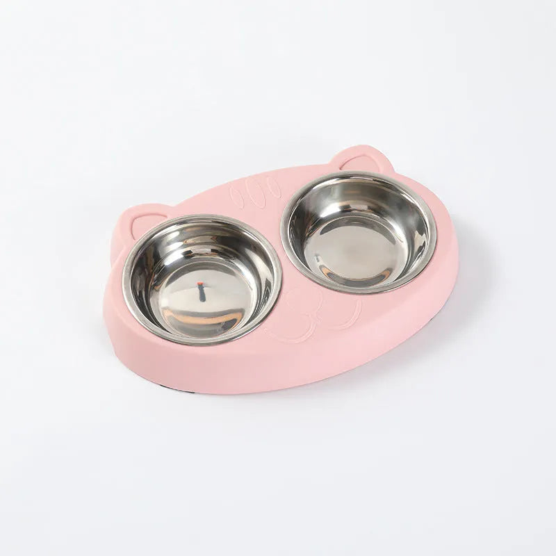 Blue macaron-shaped plastic pet feeder tray with two bowls for cat or dog food and water