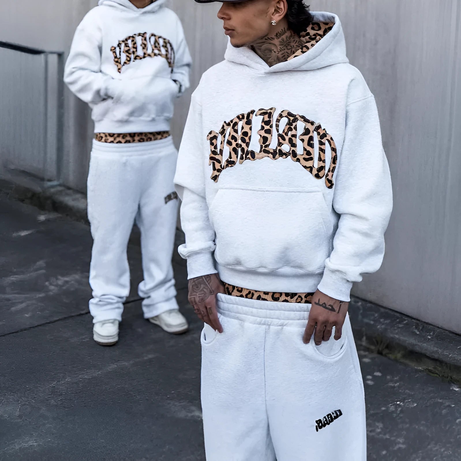 Black or light gray street casual three-piece set with leopard print letter embroidery on hoodie and trousers